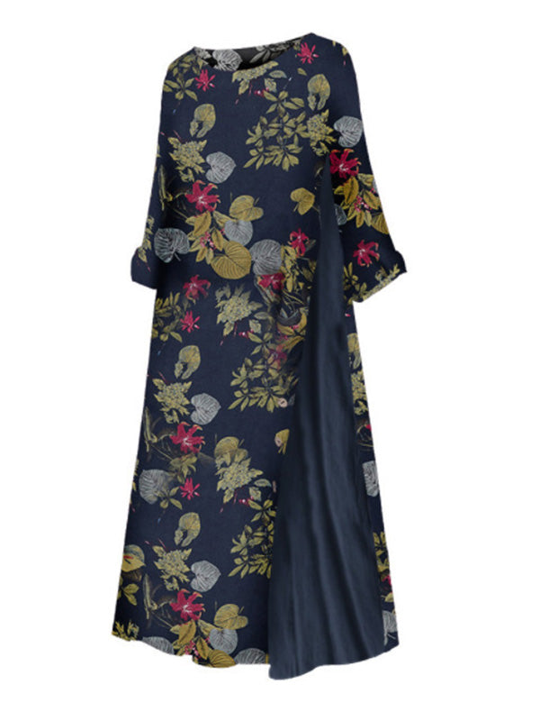 Vintage Round-Neck Short Sleeve Split-Joint Maxi Dress