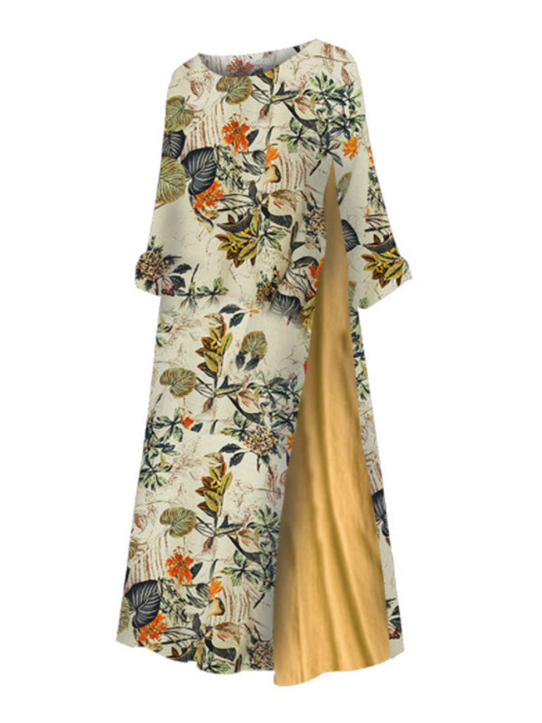Vintage Round-Neck Short Sleeve Split-Joint Maxi Dress