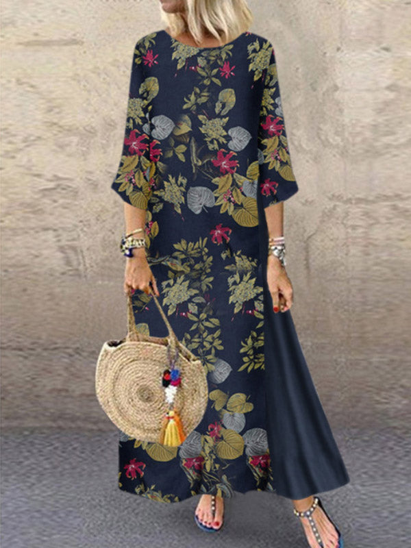 Vintage Round-Neck Short Sleeve Split-Joint Maxi Dress