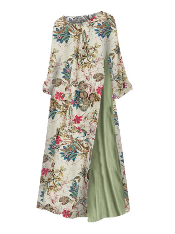 Vintage Round-Neck Short Sleeve Split-Joint Maxi Dress