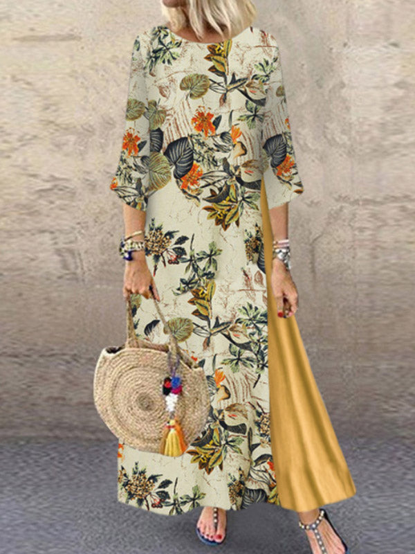 Vintage Round-Neck Short Sleeve Split-Joint Maxi Dress